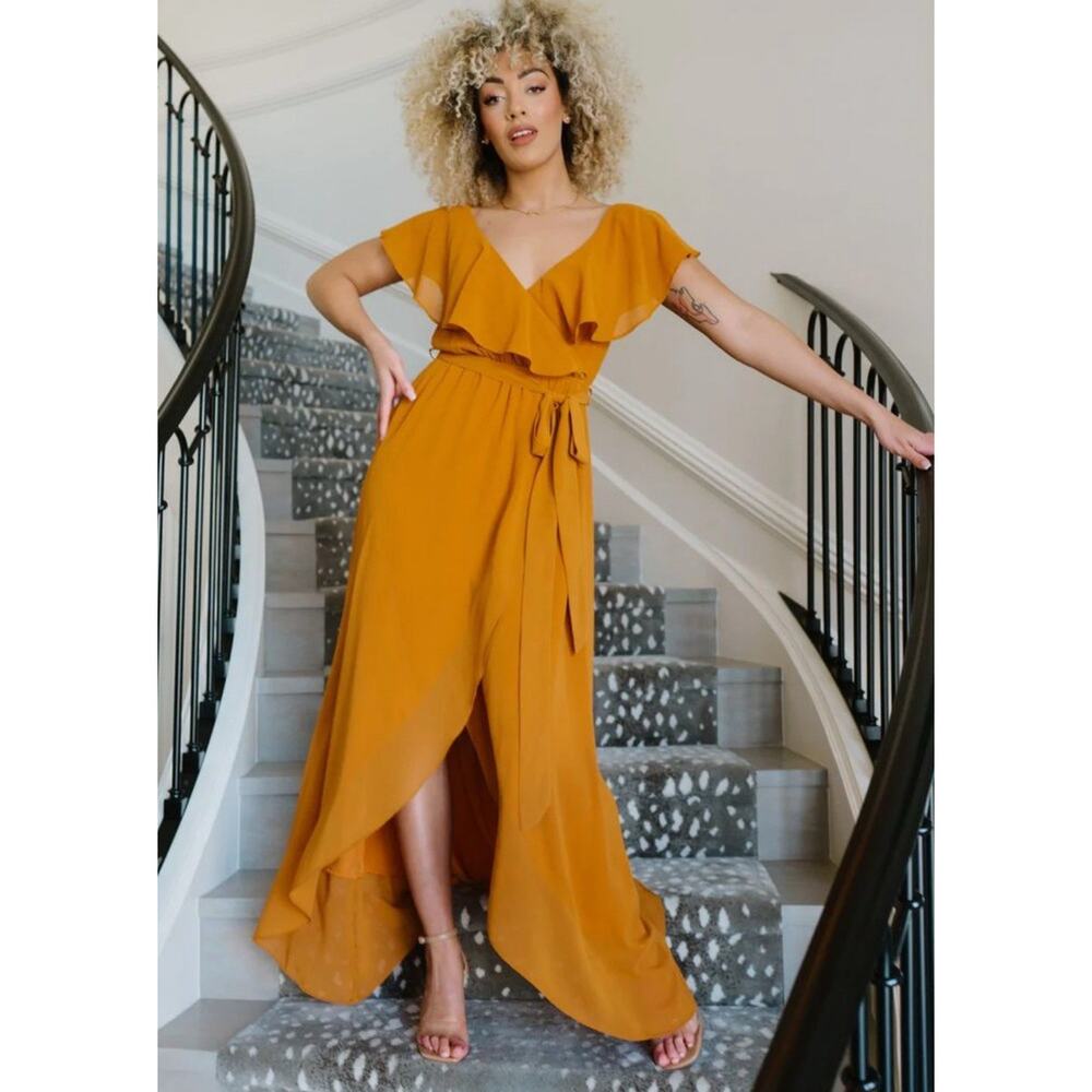 Baltic Born NWT Women's Size M Amber Brown Katya Ruffle Maxi Dress Short Sleeve